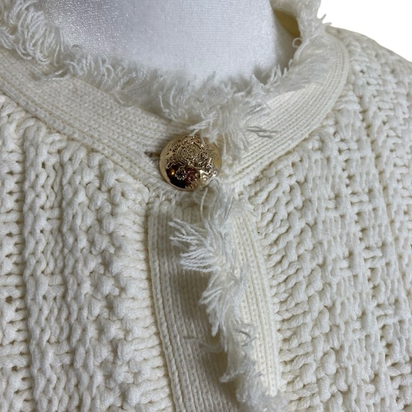Tahari Button Up Fringe Cable Knit Cardigan Sweater Blazer Ivory Luxury Elegant - Picture 6 of 16